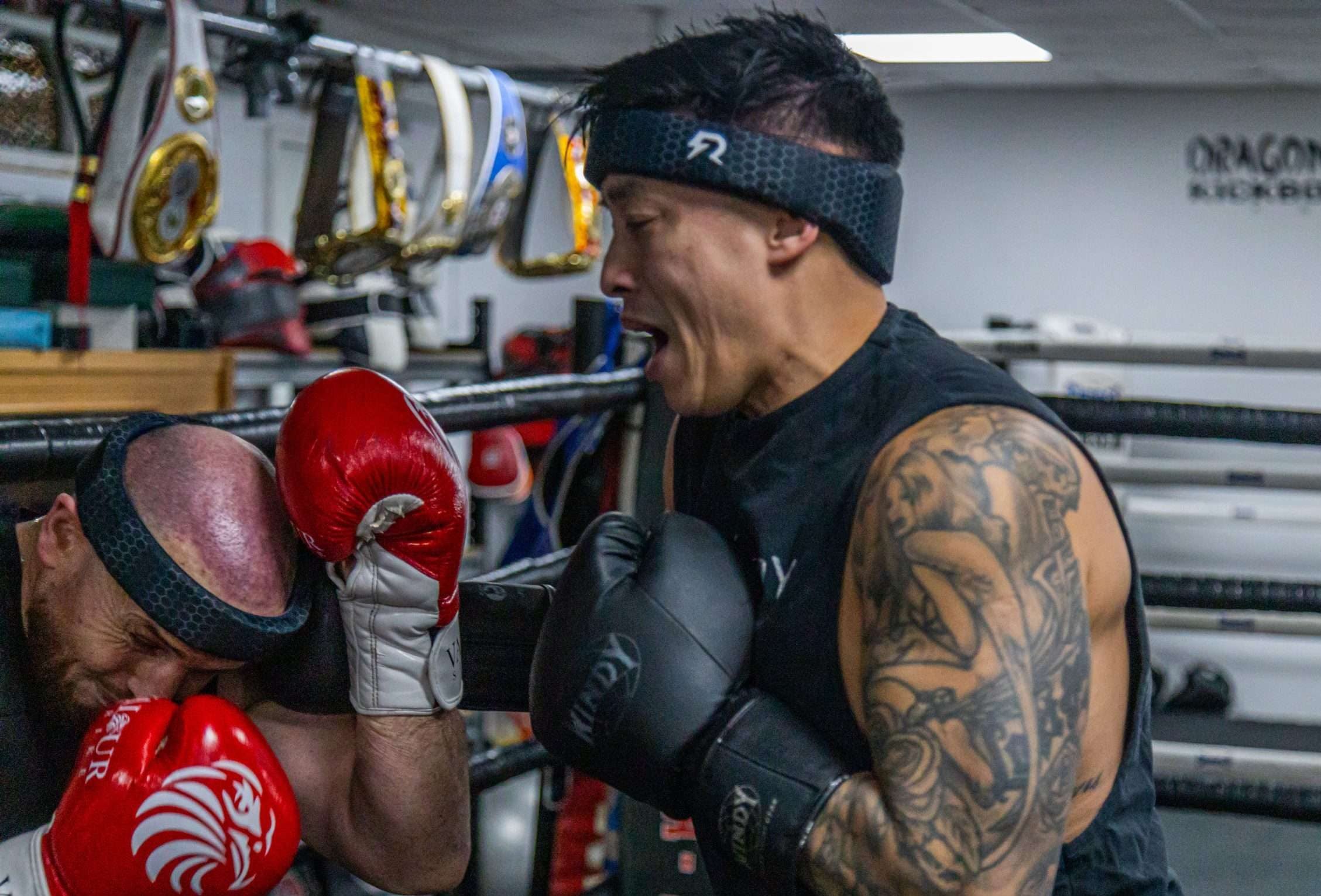 Image show two boxers sparring while wearing Rezon Halos® brain protection.
